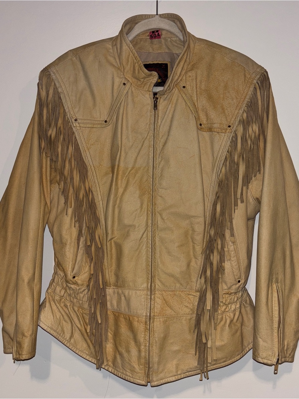 Women’s Beige Fringe Leather Jacket – Zip-Front Western Style